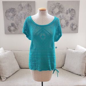 🌴 ROXY 🌴 NEW - Crochet Short Sleeve Coverup Top - [Medium, Teal]